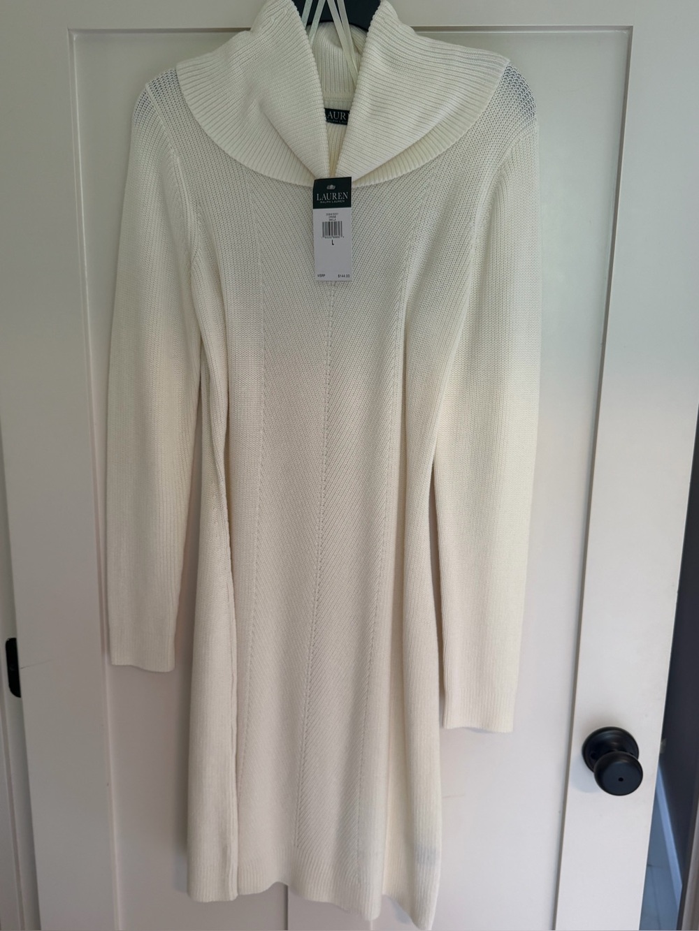 Ralph Lauren Cream Ribbed Cowl-Neck Sweater Dress